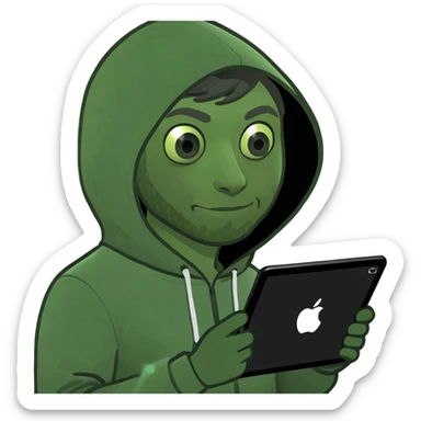 a man in a hoodie, holding an iPad, memoji style, digital art sticker