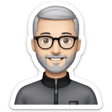 Man with light skin, black hair in near-buzz cut style (very minimal length), short peppered gray beard, large black-framed glasses, smiling face, black zip-neck long sleeve shirt sticker