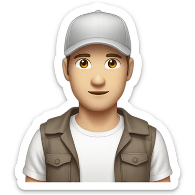 Pale skinned fit Man with dark brown hair in a light gray cap, dark brown jeans, brown polo and white T-shirt keeping a pasted with tape white box into his hands sticker