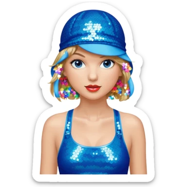 Taylor Swift wearing a one piece blue bathing suit with sparkly sequin straps. She is also wearing a sequin blue swim cap with a sequin strap going under her chin.  sticker