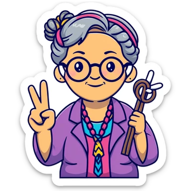 hippie grandma with round glasses, peace sign, tie-dye shirt, grey hair in braids sticker