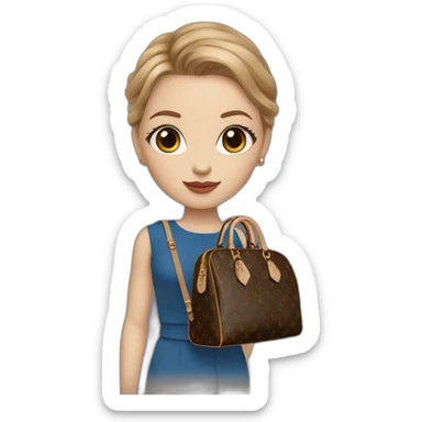 a girl with blue eyes and light brown hair, wearing gucci outfit and holding brown louis vuitton bag sticker