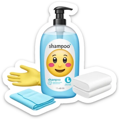 emoji of big (1L) bottle of shampoo, disposable gloves and cotton pads (for makeup) are standing on a table, products look like its always running out, and bran labels to them, make quantity bigger , and i want to see more disposable products sticker