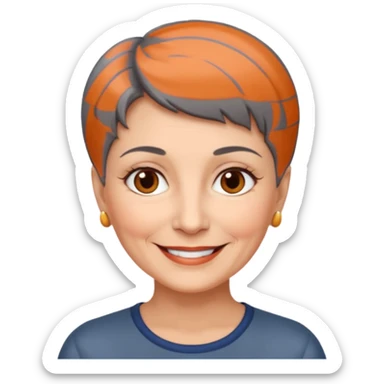 woman 60 years old, shaved short dark grey hair, brown eyes smile sticker