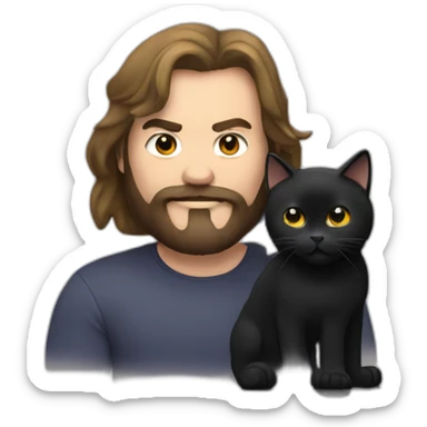 Man with long hair and black beard, Caucasian, looks like Jack Black, with a black cat in his arms sticker