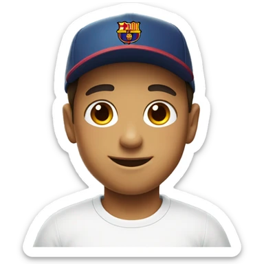 smiling boy in white shirt with Barcelona Cap sticker