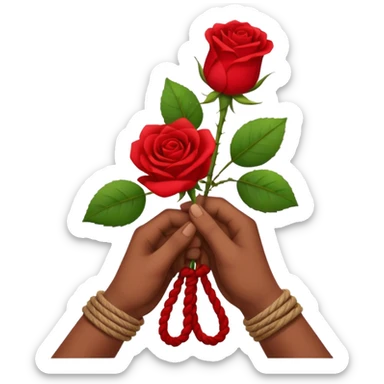 Brown hands tied together with a rope holding a rose sticker