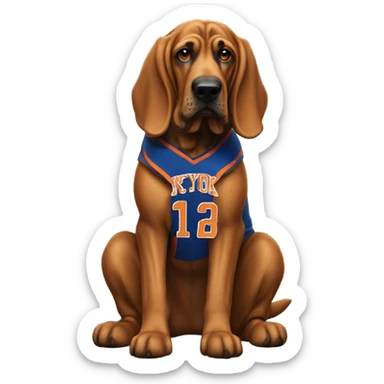 Bloodhound dog holding a New York Knick jersey. sticker