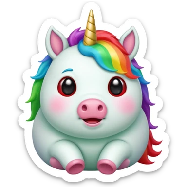 Small chubby unicorn in colours of jade green, black and red eyes, farting rainbow sticker