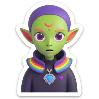 gay EMO alien with expressive features, rainbow accents, dark clothing, vibrant and moody scene conveying LGBTQ+ pride and emo subculture sticker