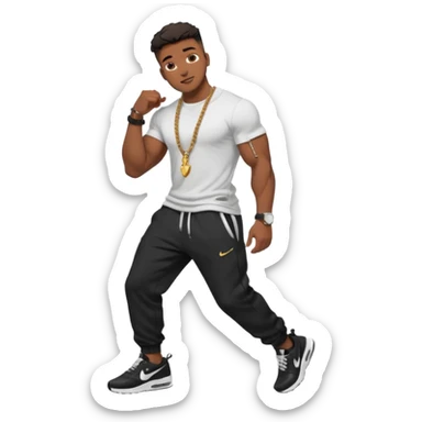 Handsome Black guy with brown skin tone, with muscular build, wearing black sweatpants, a white t-shirt, black Nike air max, a small rope chain, and a watch  sticker