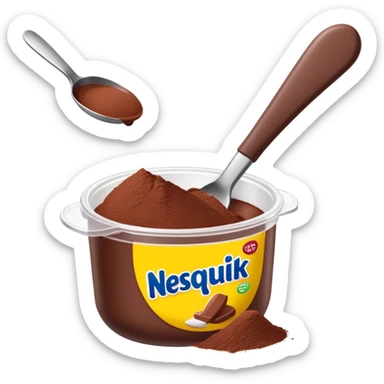 Nesquik chocolate powder being scooped with a spoon from its container sticker