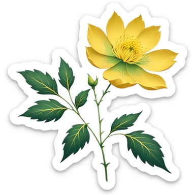 Japanese style Fukujuso (Adonis amurensis) flower in ukiyo-e inspired design, bright golden-yellow petals, green feathery leaves, traditional composition on subtle rice paper texture sticker