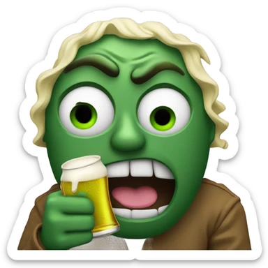 Really wasted emoji with a green face, holding a beer bottle, eyes half-closed, and wavy mouth, looking extremely intoxicated and sick sticker