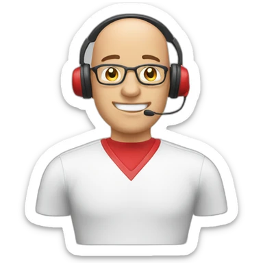 customer service bald man with headset with red t-shirt sticker