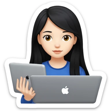 girl with long black hair holding a laptop sticker
