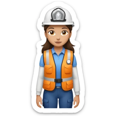 Brunette brown Girl full body standing with her white security helmet and security vest that fits her big on, also with her black backpack. Full body sticker