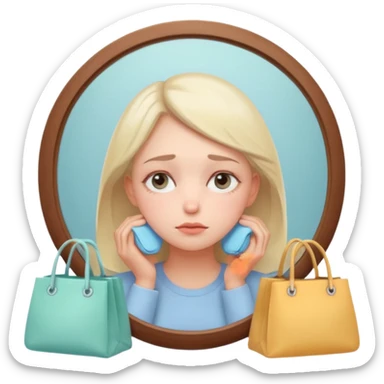 thoughtful tired woman looking in the mirror, gentle pastel tones, soft lighting, emoji style, symbolizes fatigue not ageing sticker