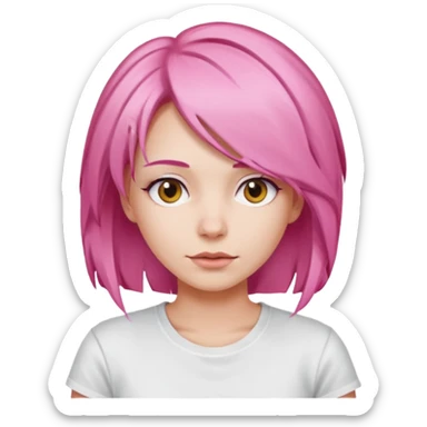 a woman with layered pink hair, wearing white t-shirt sticker