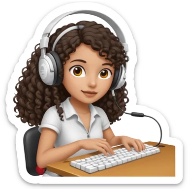 Spanish girl with long dark curly hair, wearing a white gaming headset and playing on keyboard with a gaming mouse in one hand sticker