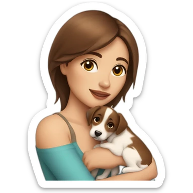 beautiful woman with brown straight hair and brown eyes hugs a puppy sticker