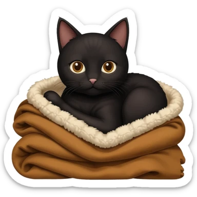 Black cat cuddling with brown blanket sticker