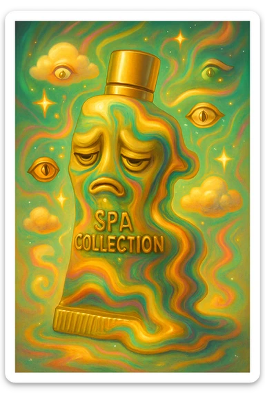 Enhance the surreal emoji by exaggerating the tube's curves, adding floating eyes, swirling colors, and melting shapes. Surround it with surreal elements like tiny clouds, stars, and a whimsical aura. Maintain the golden-beige color as a base but push the surrealism further, creating a dreamlike and abstract atmosphere. sticker