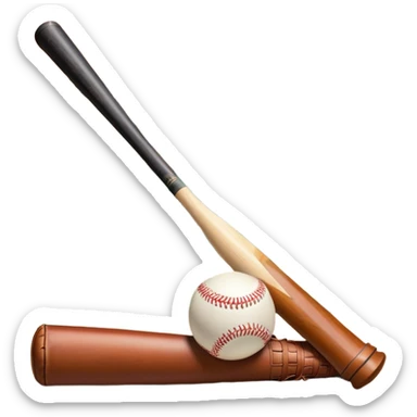 A baseball bat, ball, and glove resting on the ground, set against the backdrop of a baseball field. The scene captures the iconic equipment of the sport, with the field in the distance and a bright sky above, evoking the spirit of the game. sticker