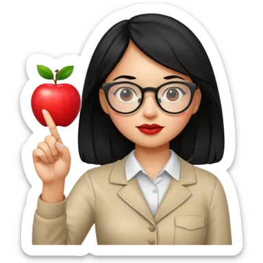 Guatemalan Girl with Black hair and Nerdy Glasses sticking up pointer finger, holding an apple sticker