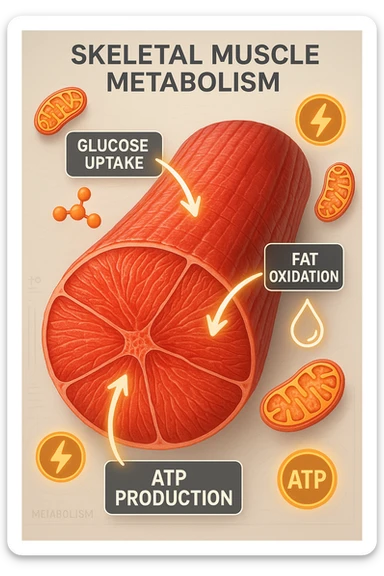 a highly detailed cross-section of human skeletal muscle fibers, shown in vibrant red and pink tones, with visible striations and realistic texture. Glowing arrows and animated icons represent active metabolic processes—such as glucose uptake, fat oxidation, and ATP production—occurring within the muscle tissue. Surrounding the muscle, floating symbols for mitochondria and energy highlight its metabolic activity. The background is clean and clinical, with subtle labels and infographics explaining that muscle is a metabolically active tissue. The overall style is modern, scientific, and visually engaging, suitable for educational or medical use. sticker