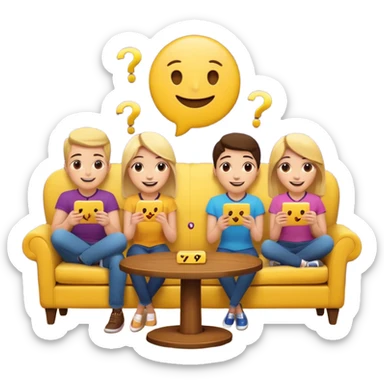 group of friends on couch playing a trivia game couch should be deep dark yellow color.  include a small wooden table in front of the couch as well.  Add 1 smiling face emoji and 2 question marks above their heads sticker