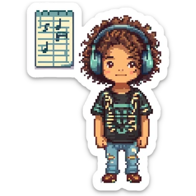 Pixel art of a young Mexican DJ with curly hair and music notes sticker