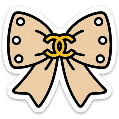 elegant bow with pearls and gold Chanel logo, glossy, monochrome, color outline style sticker