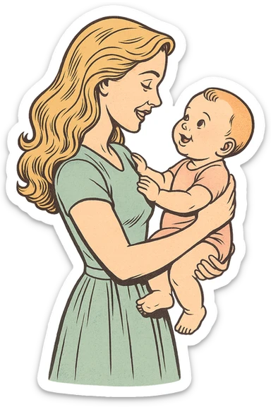 Make the mother more attractive with long wavy light hair, dressed in elegant clothing or a dress, side view, holding a baby in her arms, they look at each other. Style: old school comic book with thin clean contours, soft rounded shapes, pastel palette, detailed shadows and highlights, soft lighting, transparent background. sticker