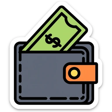 black wallet with one single dollar bill inside, just one dollar sticker