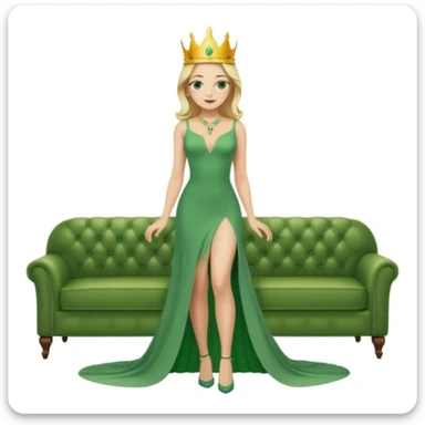 Queen, crown, blonde hair, green eyes, long green tight dress, decoltee,  Leg slit, whole Body, Background living room  sticker