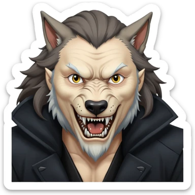 Fenrir Greyback in harry potter, black open chest coat, wolf face, pointed ear, bared teeth sticker