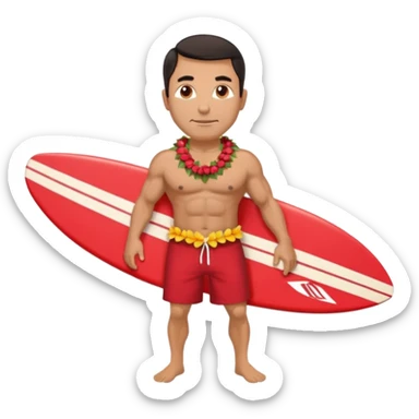 Dark-haired tan muscular 50 year old man with red shorts and shell lei surfing sticker