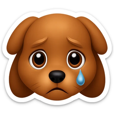 Create an emoji style image of a dog with an even sadder look, larger shiny eyes with a tear in one eye, and an expression full of sadness. The background should be transparent. The style should resemble apple style emojis with concise details. sticker