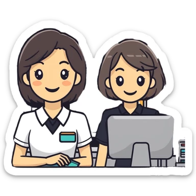 Gender-neutral cashier with shoulder-length hair, standing behind a cashier desk, smiling, wearing a neutral-colored uniform sticker
