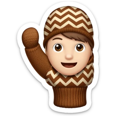 thumbs up fist in brown knit mitten with zig-zag beige pattern, no face sticker