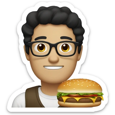 black hair, white skin, male, brown eyes, without beard, crying, with black square glasses, dreaming of a hamburger sticker