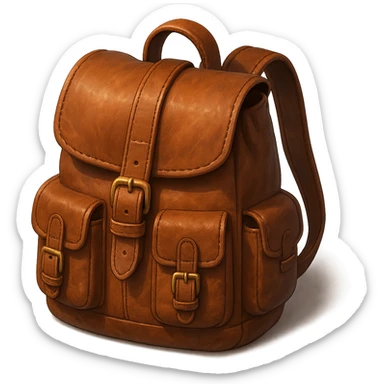 Draw a Pixar-style leather backpack. The backpack should be visible from the front and top. sticker