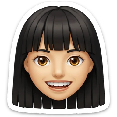Woman a little tan with long black hairs and bangs, appearing teeth sticker