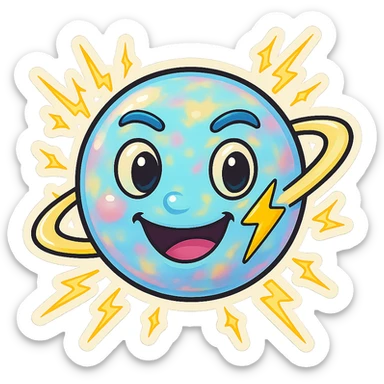 Refine this emoji to clearly look like a planet: keep the opal-like iridescent texture, wild electric energy, and playful, eccentric face, but emphasize a round planetary shape with visible rings and planetary features. Keep the background transparent. sticker