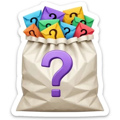 white goodiebag with questions mark boxes stuffed in it sticker