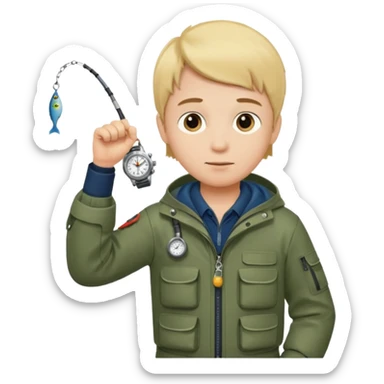 Boy in fishing suit looking at his wristwatch sticker