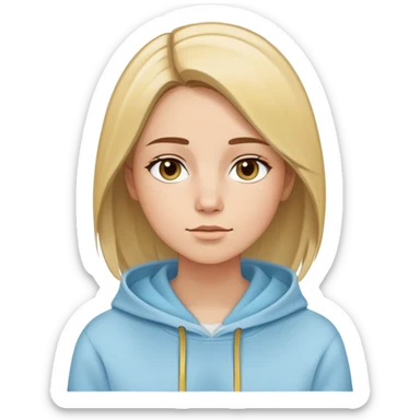 Woman with oval face, straight brown hair with blonde highlights parted to the side, dreamy expression, wearing a light blue hoodie with gold and white accents sticker