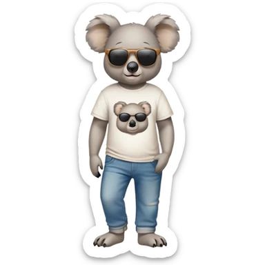 anthropomorphised koala in a 'Go' t-shirt and jeans with dark sunglasses walking upright, relaxed pose sticker