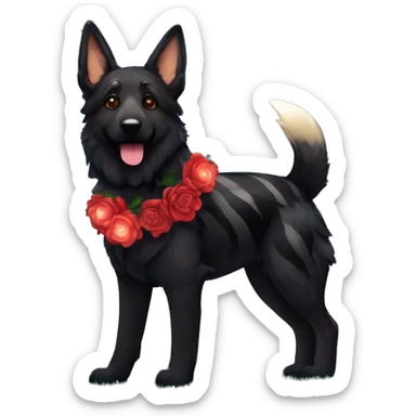 Bokeh Midnight starry night stars dark Brindled striped brindle black German shepherd fox carrying glowing red lantern, fairy lights, rose flower crown, bokeh lights, out of focus blur sticker